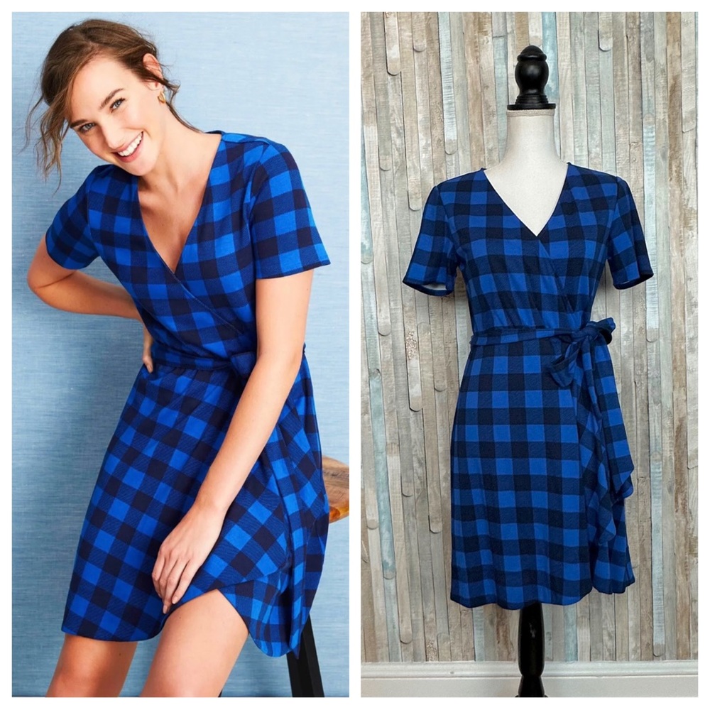 Draper James XS Blue Buffalo Plaid Check Wrap Dress Mini V Neck Ruffle Bow